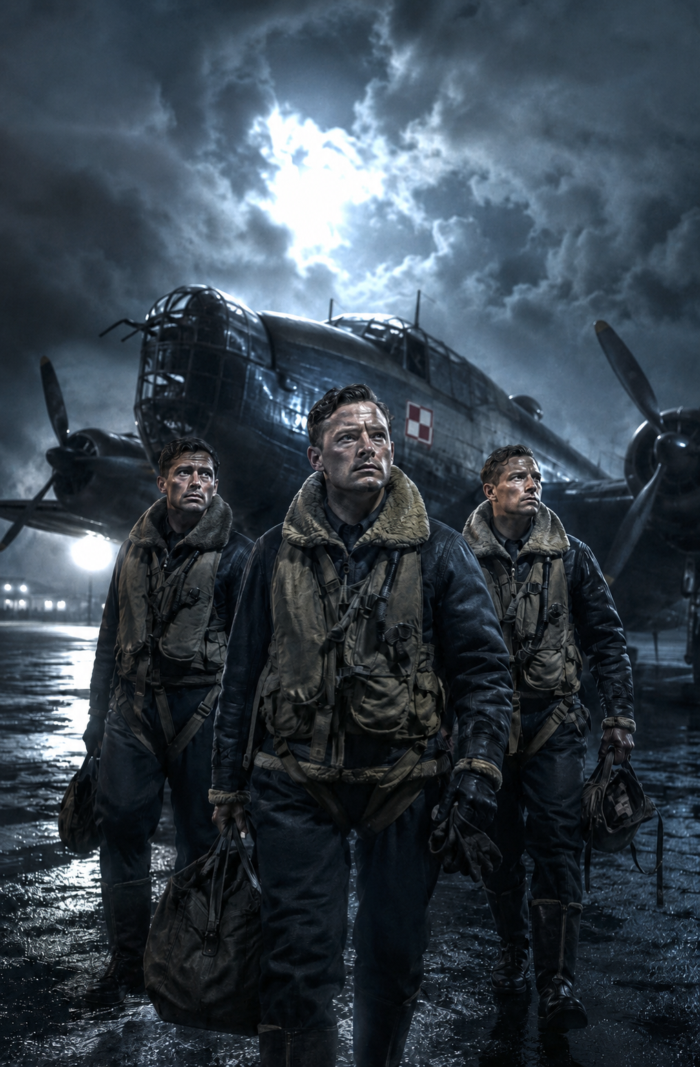 Three Polish airmen standing in front of a Wellington bomber at night